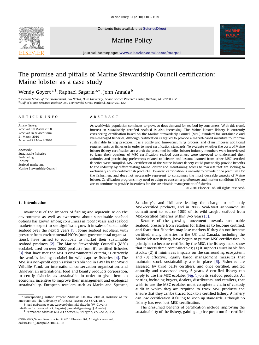 The promise and pitfalls of Marine Stewardship Council certification: Maine lobster as a case study