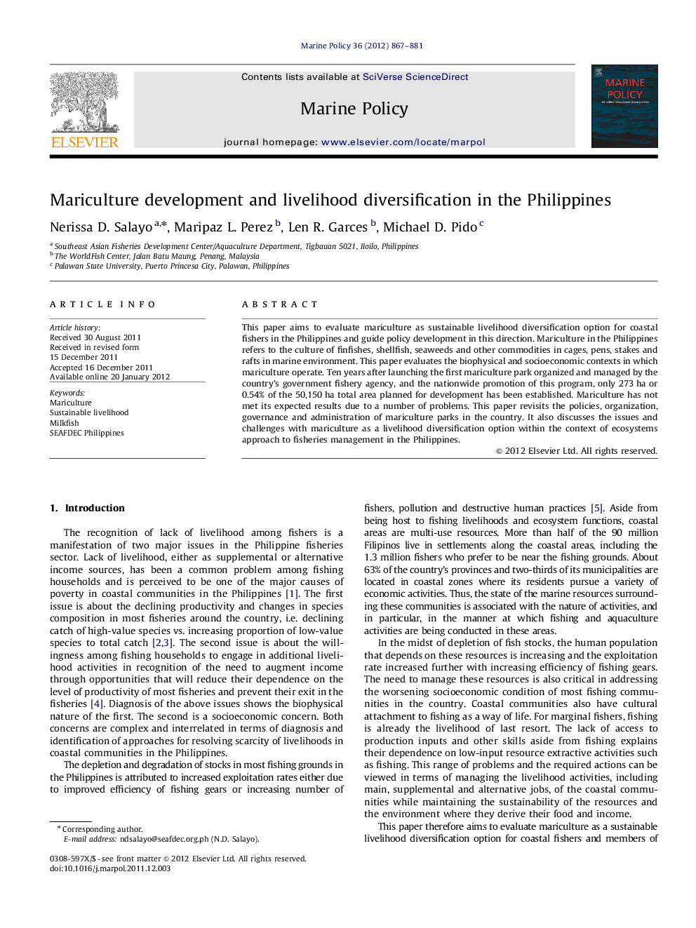 Mariculture development and livelihood diversification in the Philippines