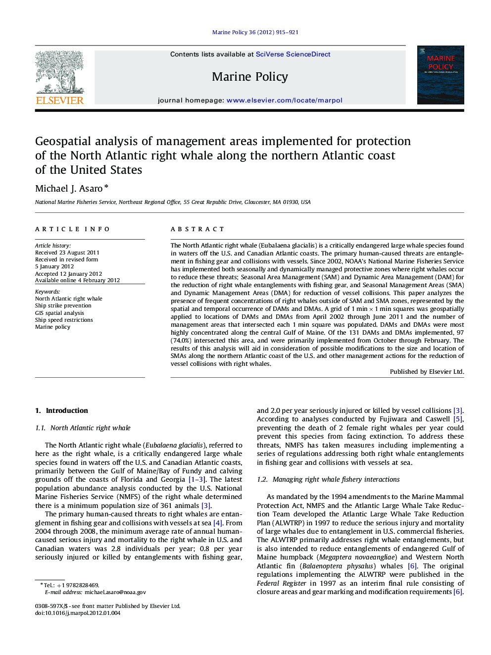 Geospatial analysis of management areas implemented for protection of the North Atlantic right whale along the northern Atlantic coast of the United States