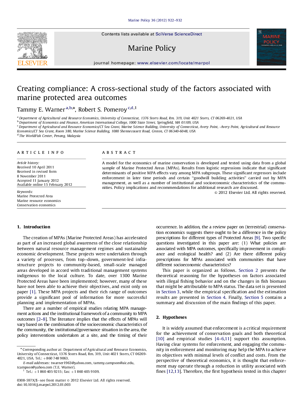 Creating compliance: A cross-sectional study of the factors associated with marine protected area outcomes