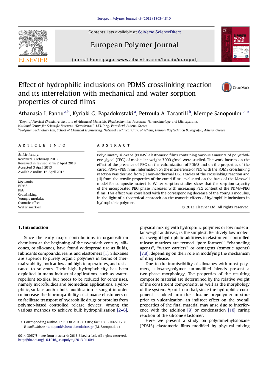 Effect of hydrophilic inclusions on PDMS crosslinking reaction and its interrelation with mechanical and water sorption properties of cured films