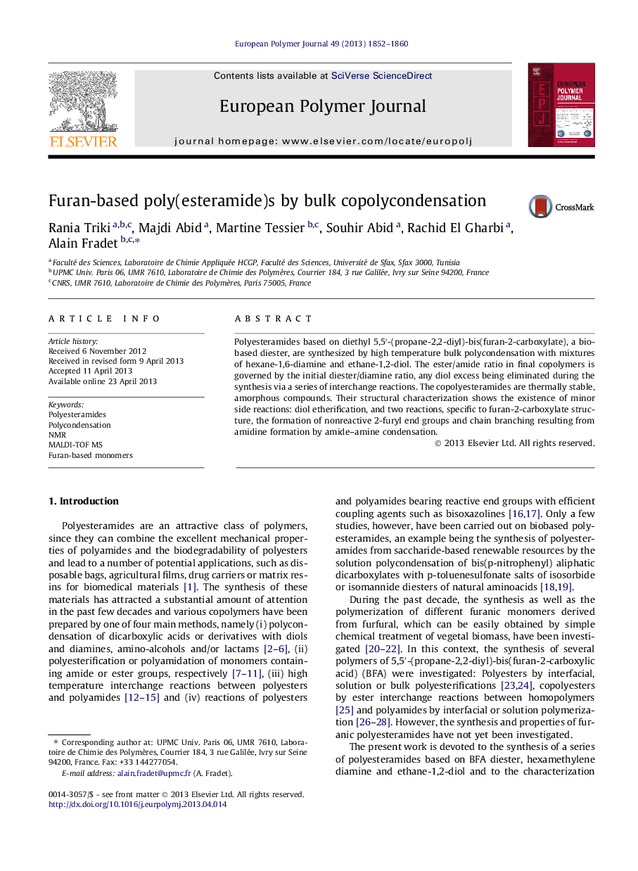 Furan-based poly(esteramide)s by bulk copolycondensation