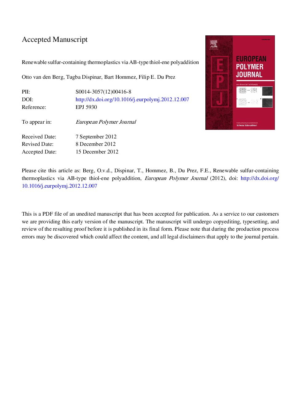 Renewable sulfur-containing thermoplastics via AB-type thiol-ene polyaddition