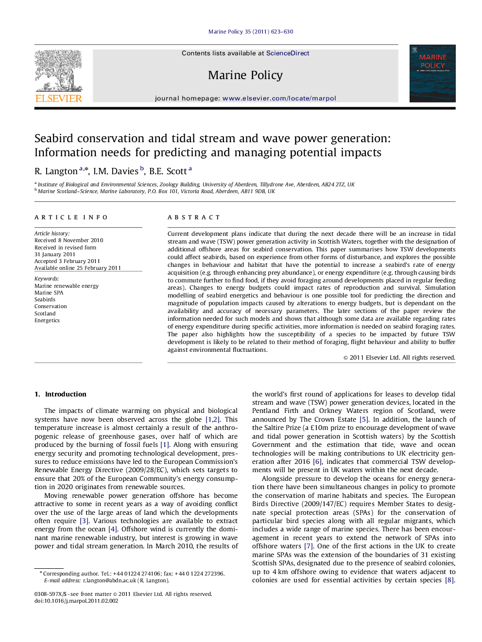 Seabird conservation and tidal stream and wave power generation: Information needs for predicting and managing potential impacts