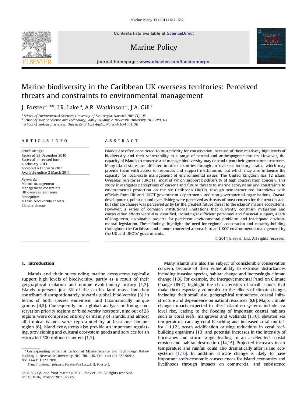 Marine biodiversity in the Caribbean UK overseas territories: Perceived threats and constraints to environmental management