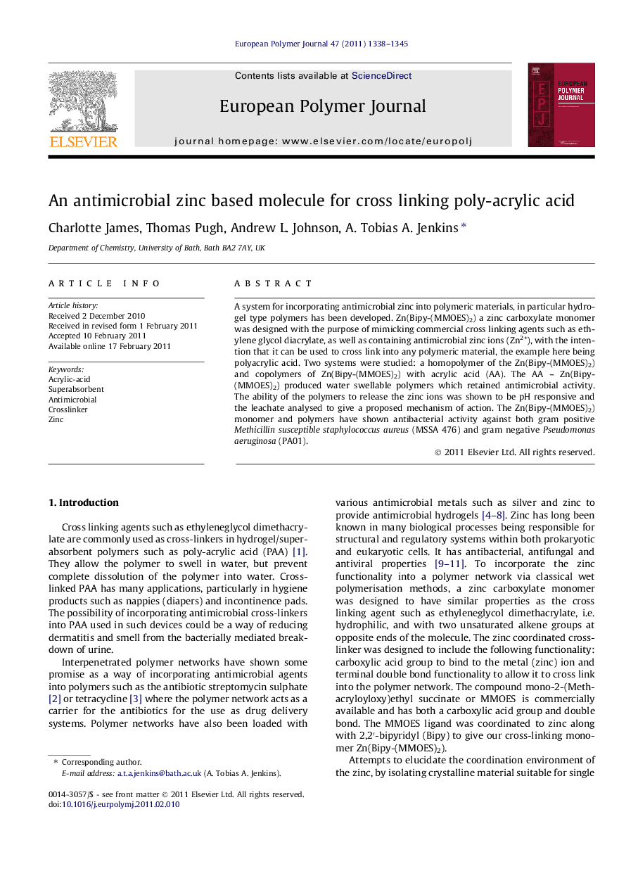 An antimicrobial zinc based molecule for cross linking poly-acrylic acid