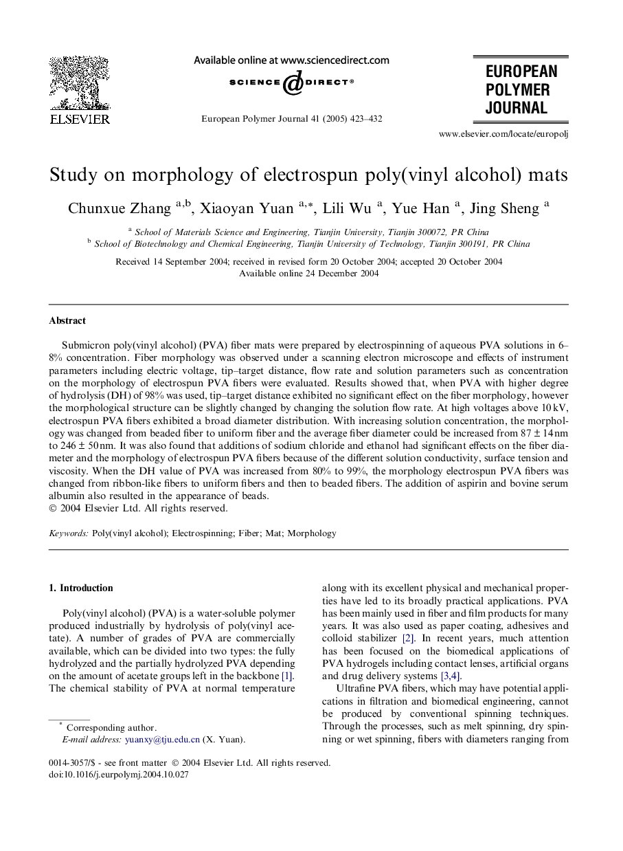 Study on morphology of electrospun poly(vinyl alcohol) mats