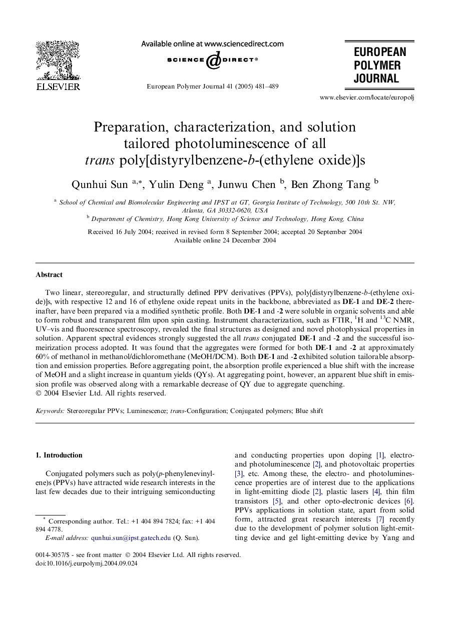 Preparation, characterization, and solution tailored photoluminescence of all trans poly[distyrylbenzene-b-(ethylene oxide)]s