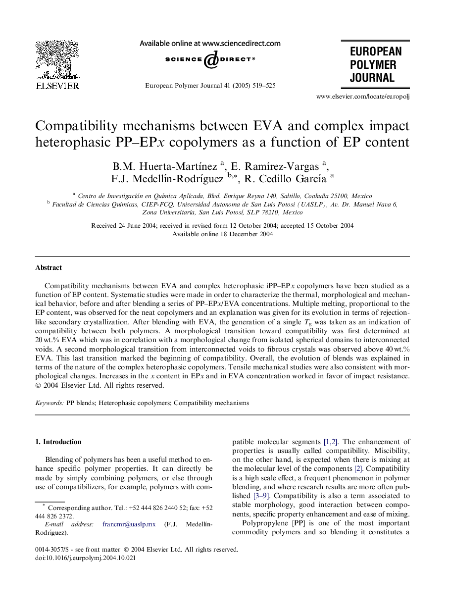 عکس صفحه اول مقاله: Compatibility mechanisms between EVA and complex impact heterophasic PP-EPx copolymers as a function of EP content Compatibility mechanisms between EVA and complex impact heterophasic PP-EPx copolymers as a function of EP content