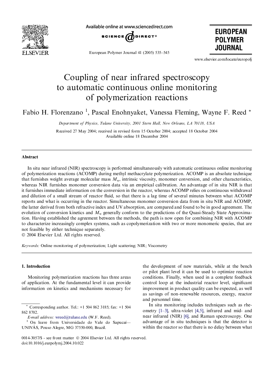 Coupling of near infrared spectroscopy to automatic continuous online monitoring of polymerization reactions