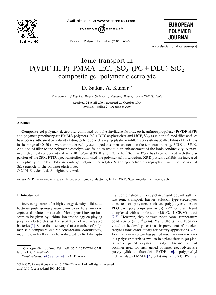 Ionic transport in P(VDF-HFP)-PMMA-LiCF3SO3-(PCÂ +Â DEC)-SiO2 composite gel polymer electrolyte