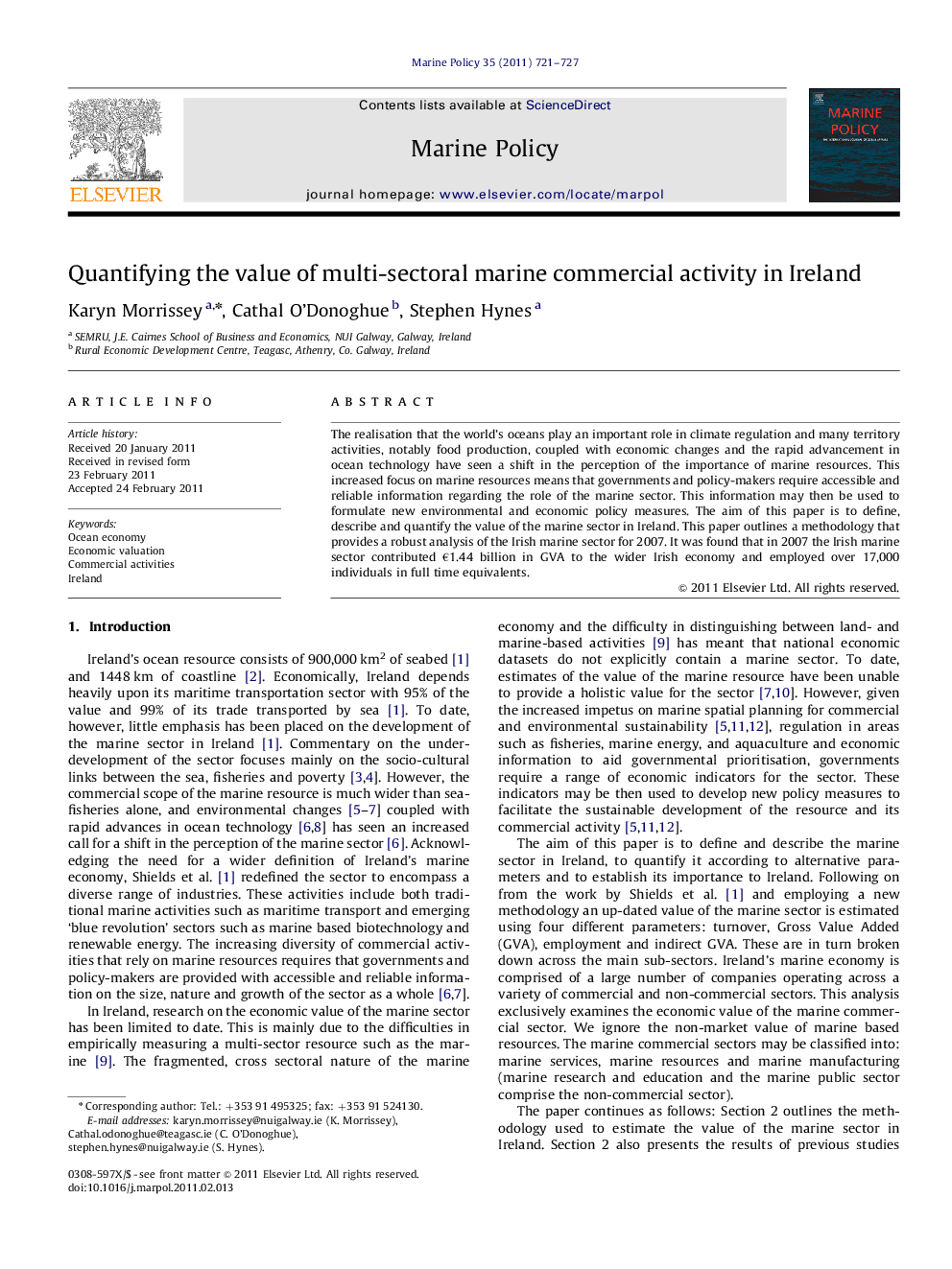عکس صفحه اول مقاله: Quantifying the value of multi-sectoral marine commercial activity in Ireland Quantifying the value of multi-sectoral marine commercial activity in Ireland