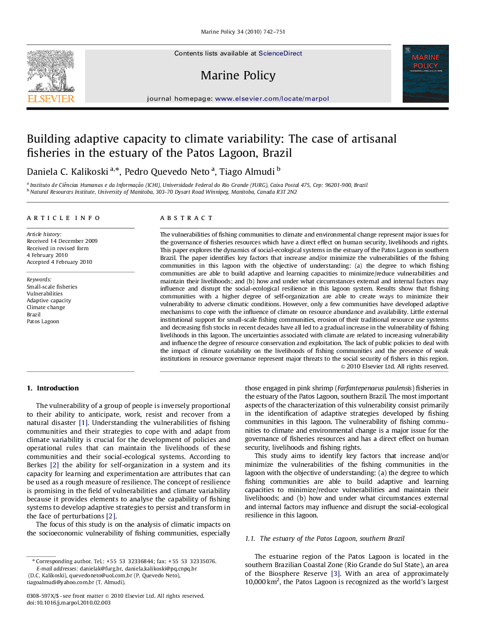 Building adaptive capacity to climate variability: The case of artisanal fisheries in the estuary of the Patos Lagoon, Brazil