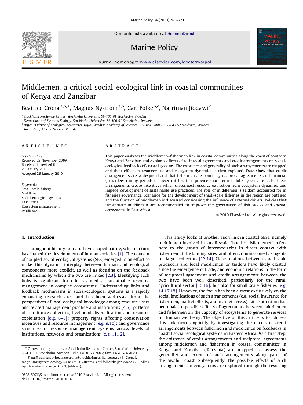 Middlemen, a critical social-ecological link in coastal communities of Kenya and Zanzibar