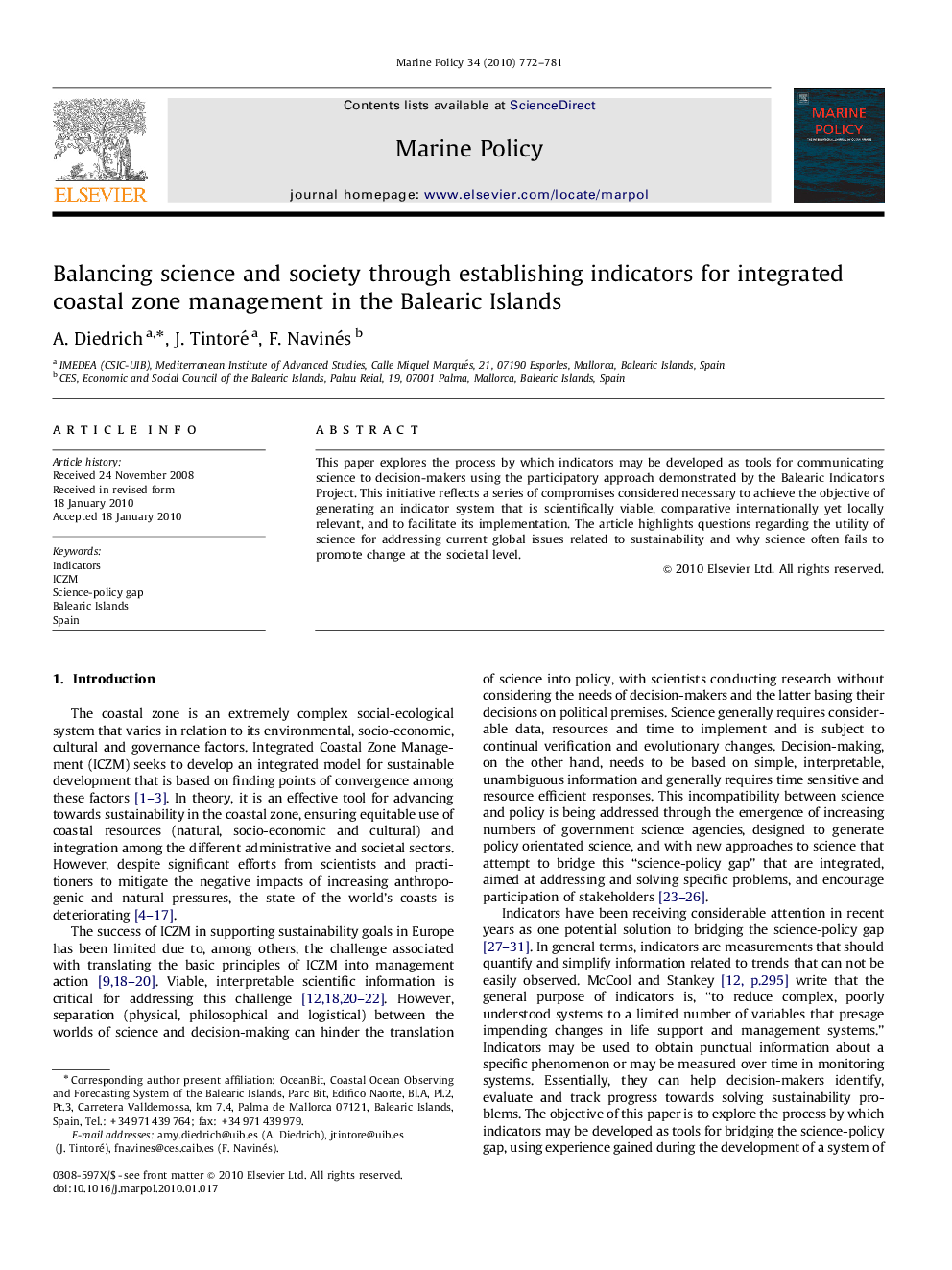 Balancing science and society through establishing indicators for integrated coastal zone management in the Balearic Islands