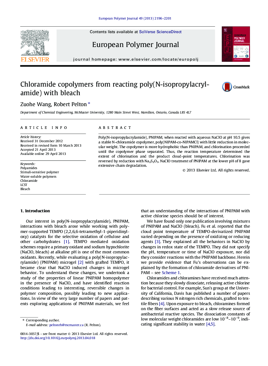 Chloramide copolymers from reacting poly(N-isopropylacrylamide) with bleach