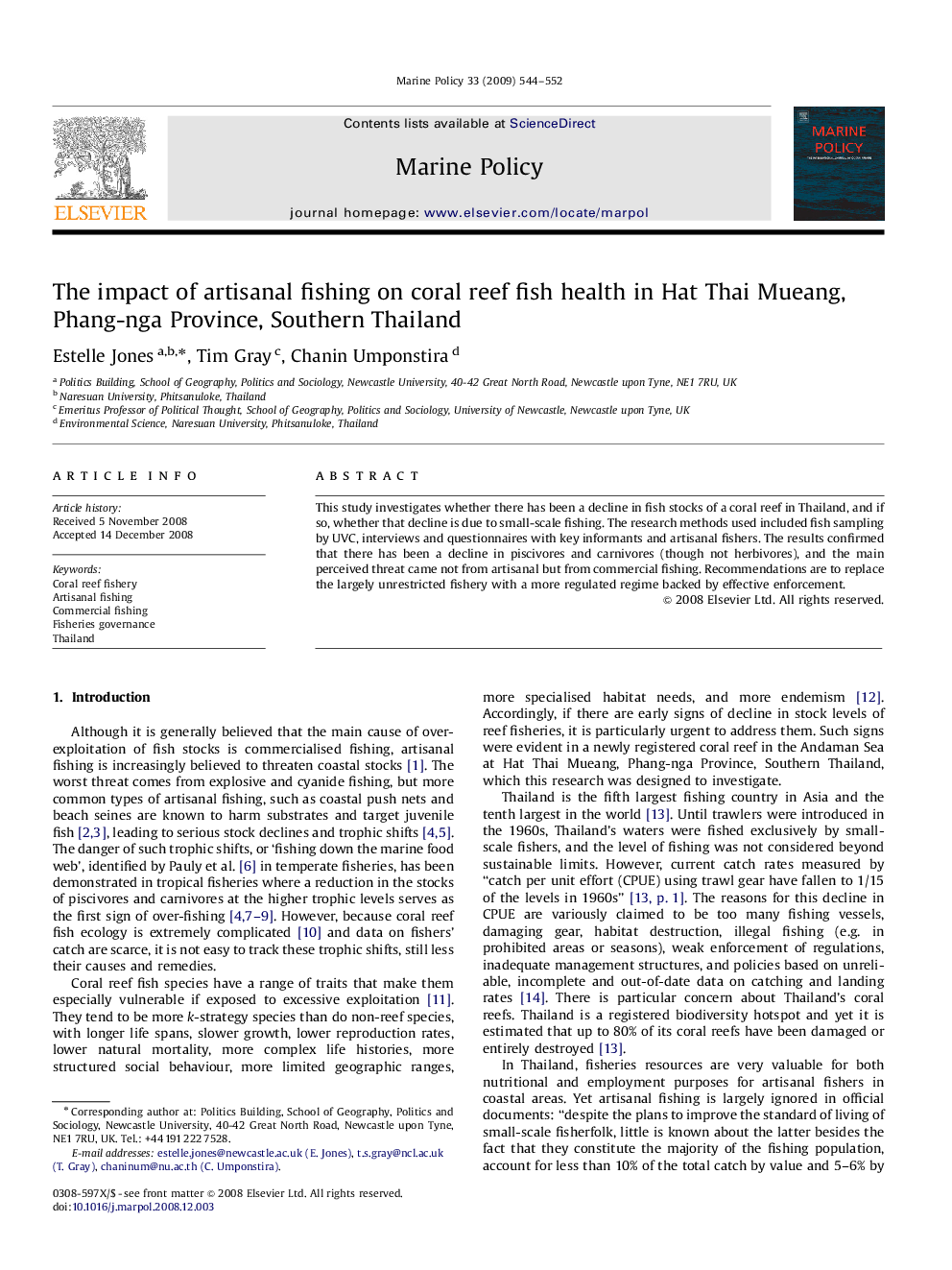 عکس صفحه اول مقاله: The impact of artisanal fishing on coral reef fish health in Hat Thai Mueang, Phang-nga Province, Southern Thailand The impact of artisanal fishing on coral reef fish health in Hat Thai Mueang, Phang-nga Province, Southern Thailand