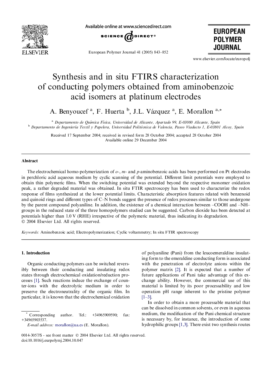 Synthesis and in situ FTIRS characterization of conducting polymers obtained from aminobenzoic acid isomers at platinum electrodes