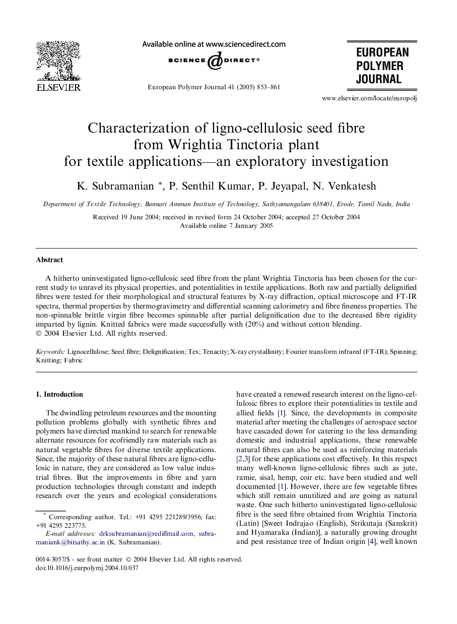 Characterization of ligno-cellulosic seed fibre from Wrightia Tinctoria plant for textile applications-an exploratory investigation