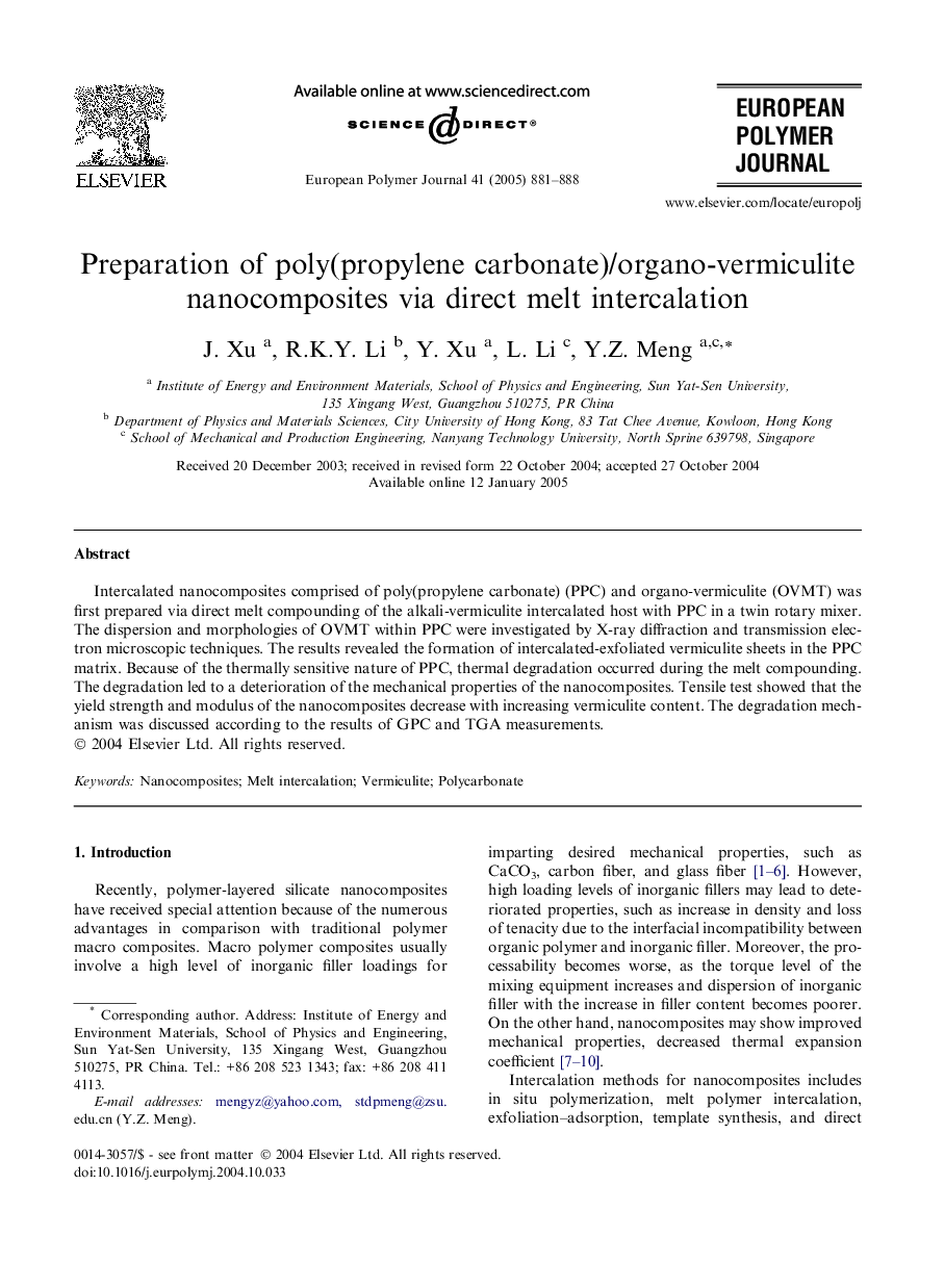 Preparation of poly(propylene carbonate)/organo-vermiculite nanocomposites via direct melt intercalation