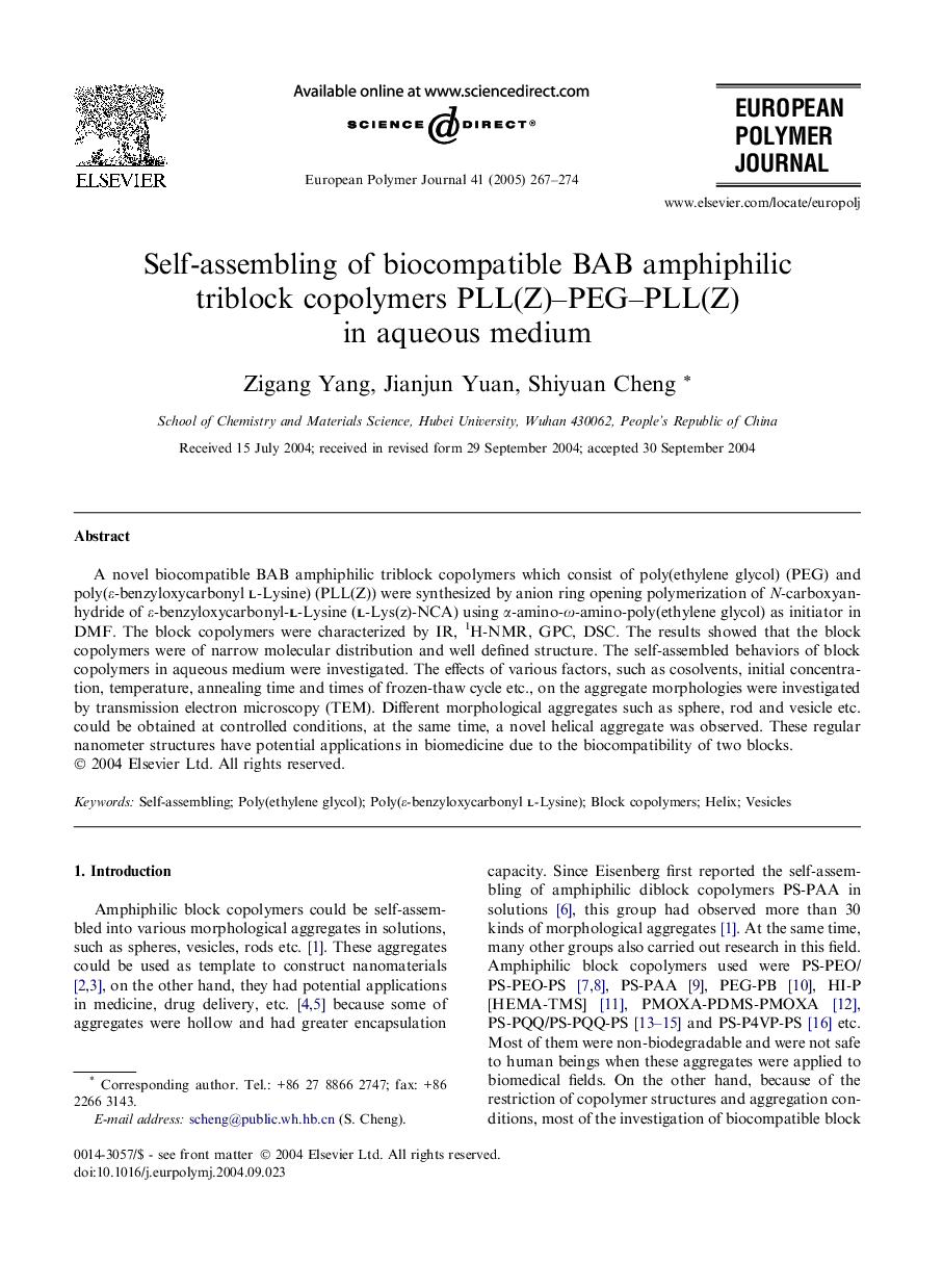 Self-assembling of biocompatible BAB amphiphilic triblock copolymers PLL(Z)-PEG-PLL(Z) in aqueous medium