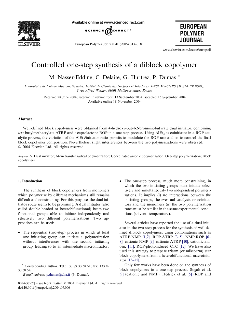 Controlled one-step synthesis of a diblock copolymer