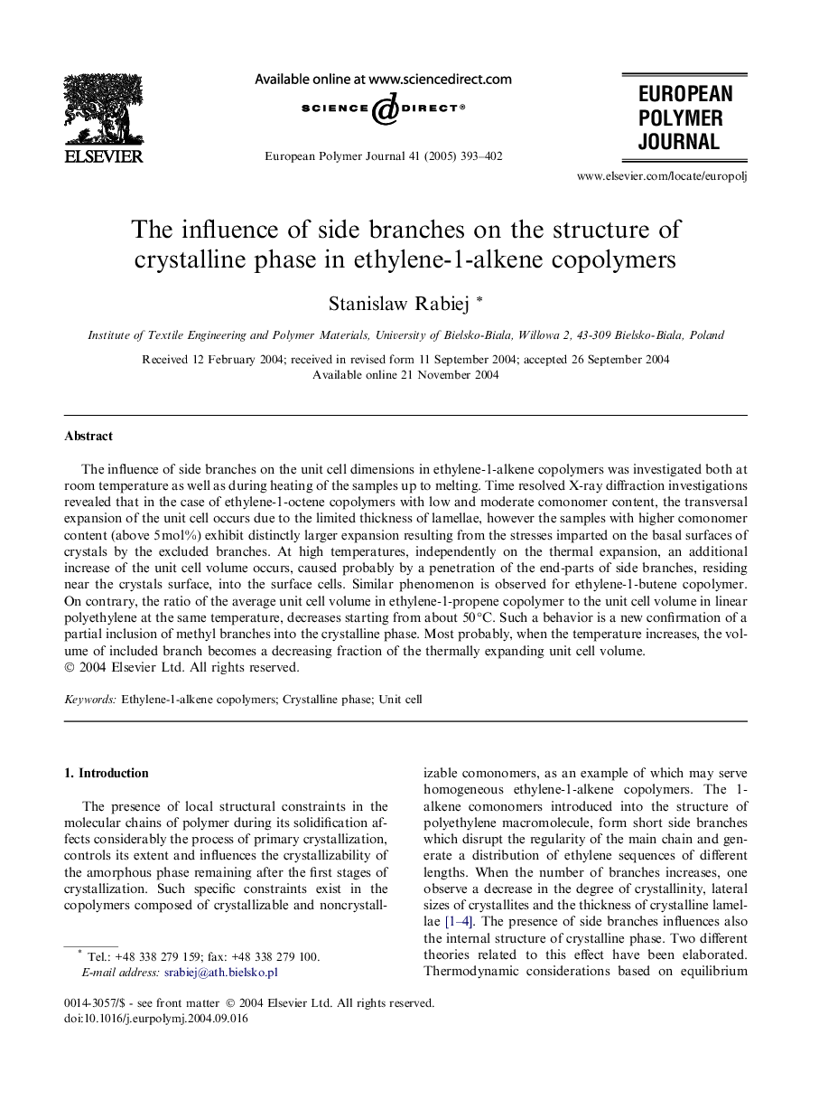 The influence of side branches on the structure of crystalline phase in ethylene-1-alkene copolymers