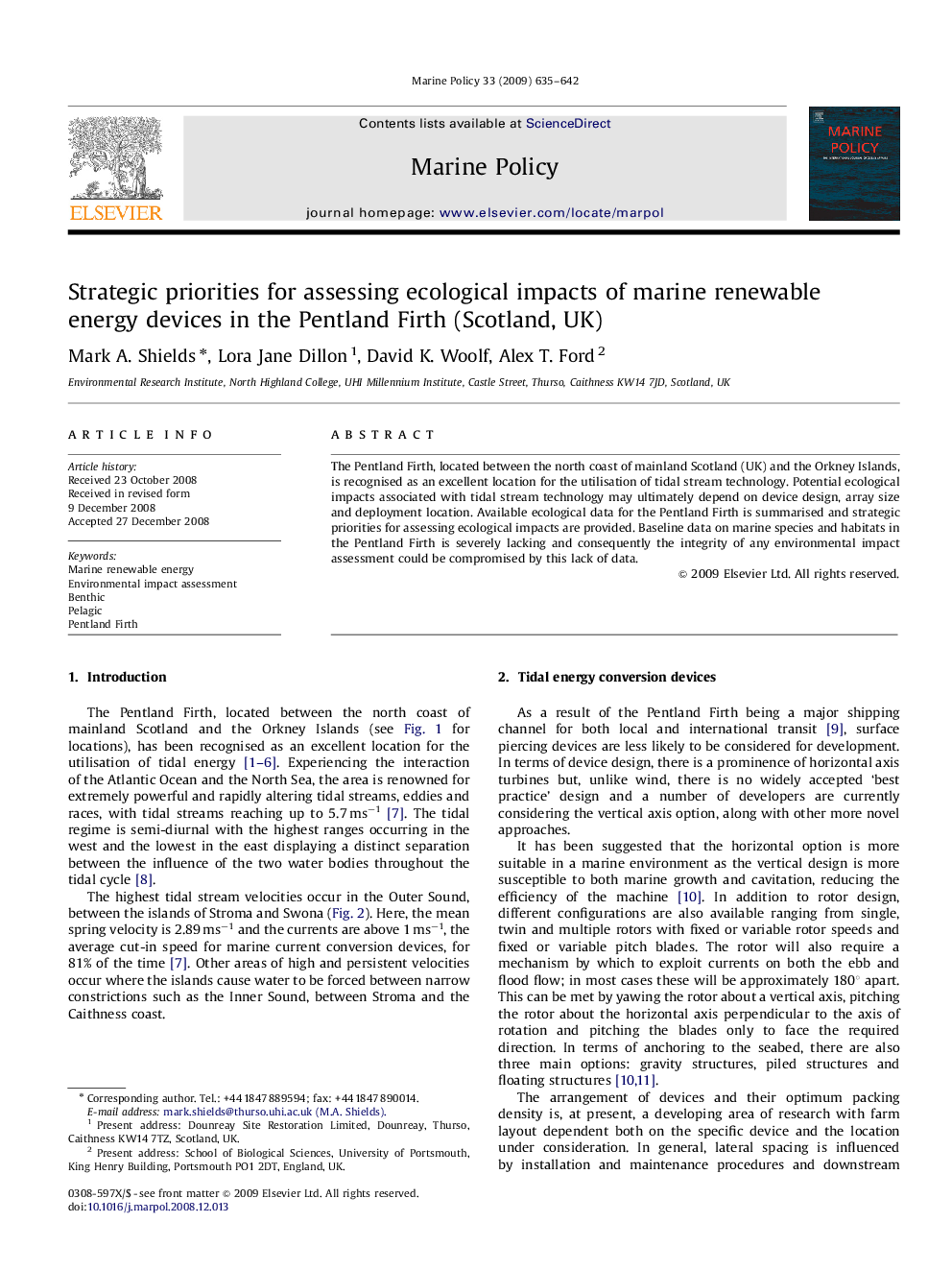 Strategic priorities for assessing ecological impacts of marine renewable energy devices in the Pentland Firth (Scotland, UK)