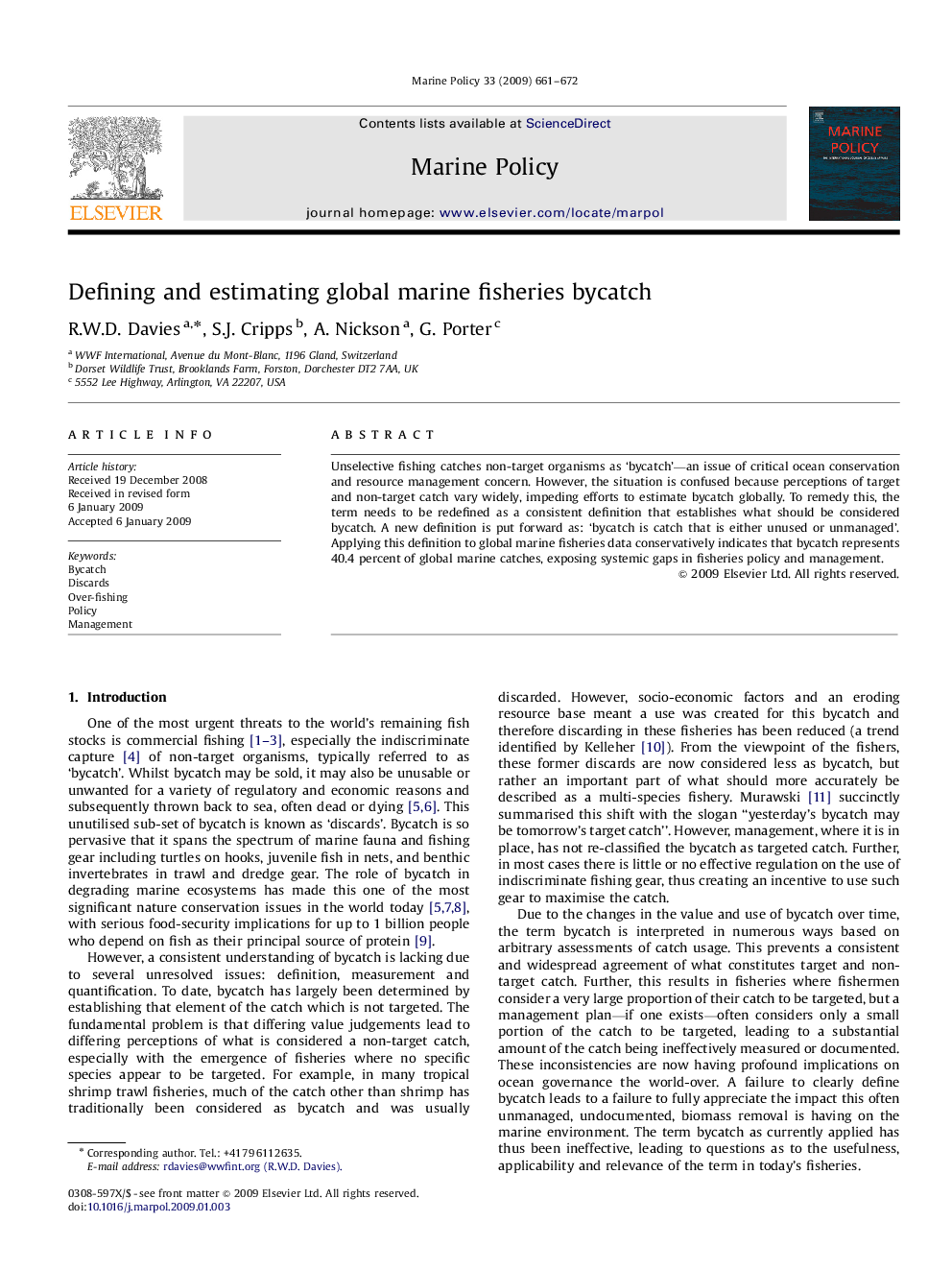 Defining and estimating global marine fisheries bycatch