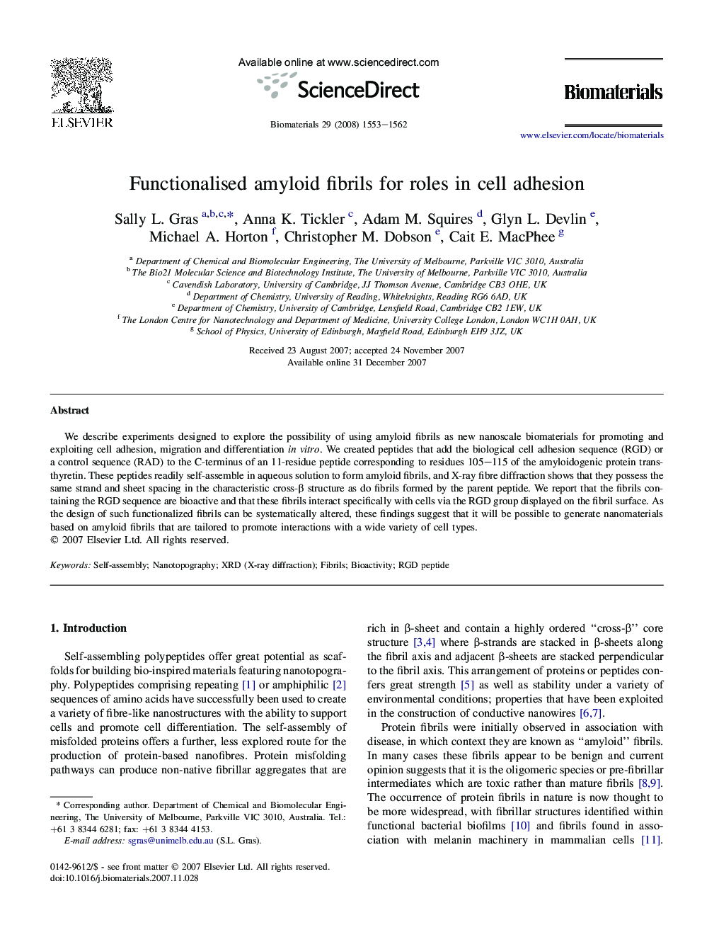 Functionalised amyloid fibrils for roles in cell adhesion