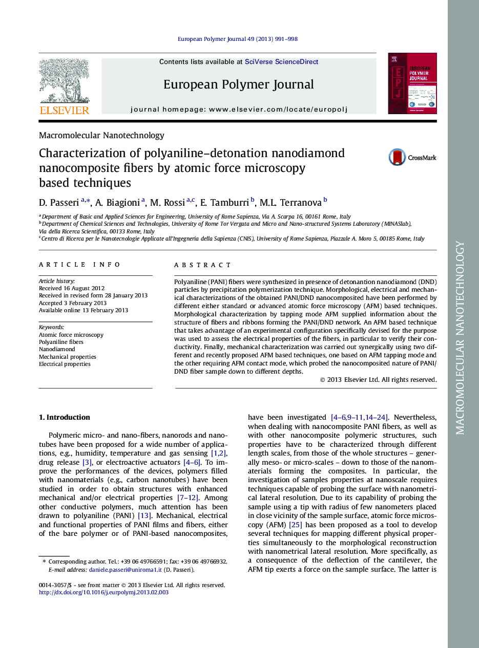 Characterization of polyaniline-detonation nanodiamond nanocomposite fibers by atomic force microscopy based techniques