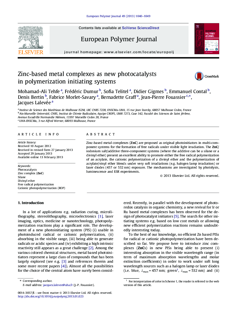 Zinc-based metal complexes as new photocatalysts in polymerization initiating systems