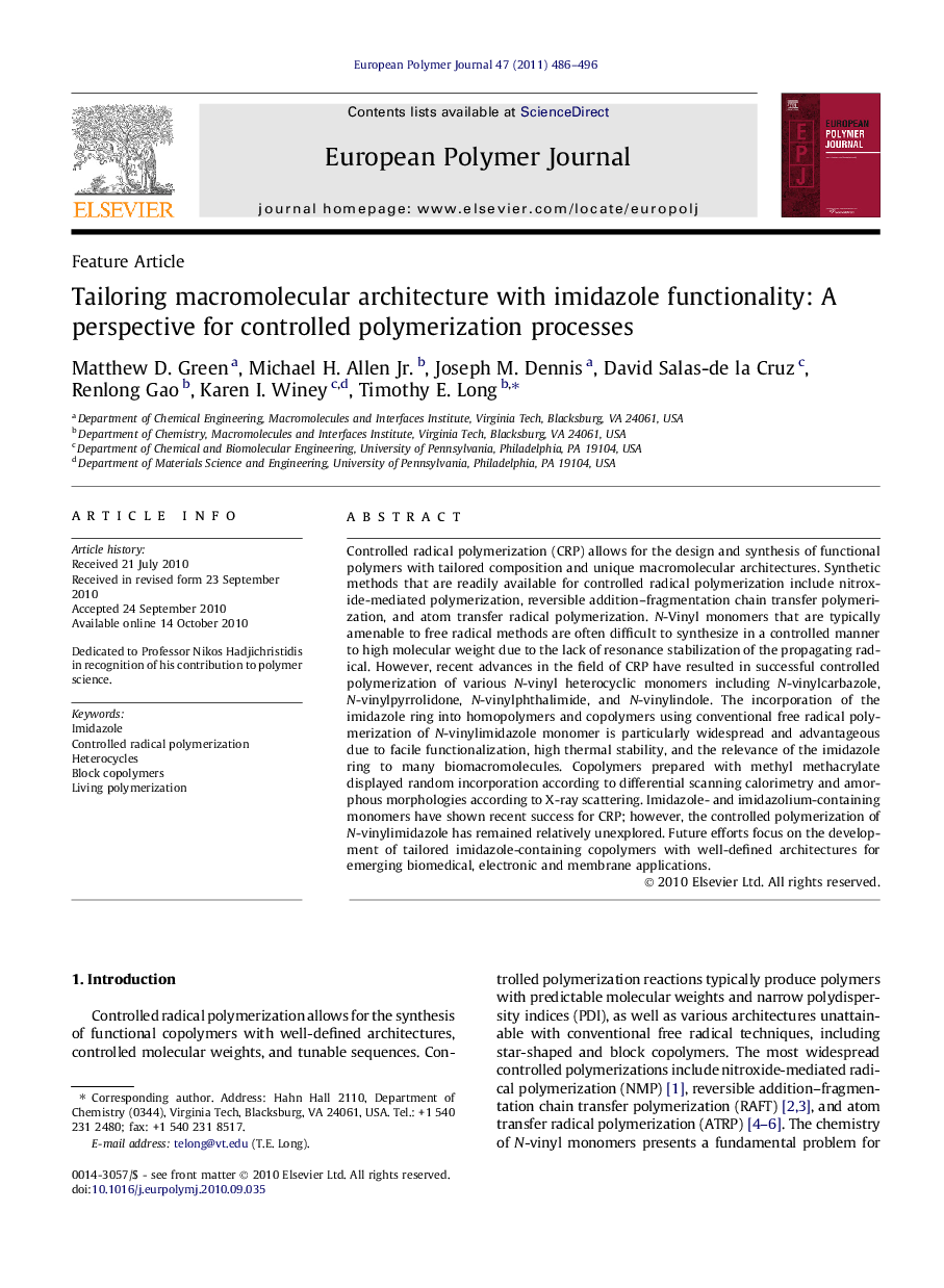 Tailoring macromolecular architecture with imidazole functionality: A perspective for controlled polymerization processes