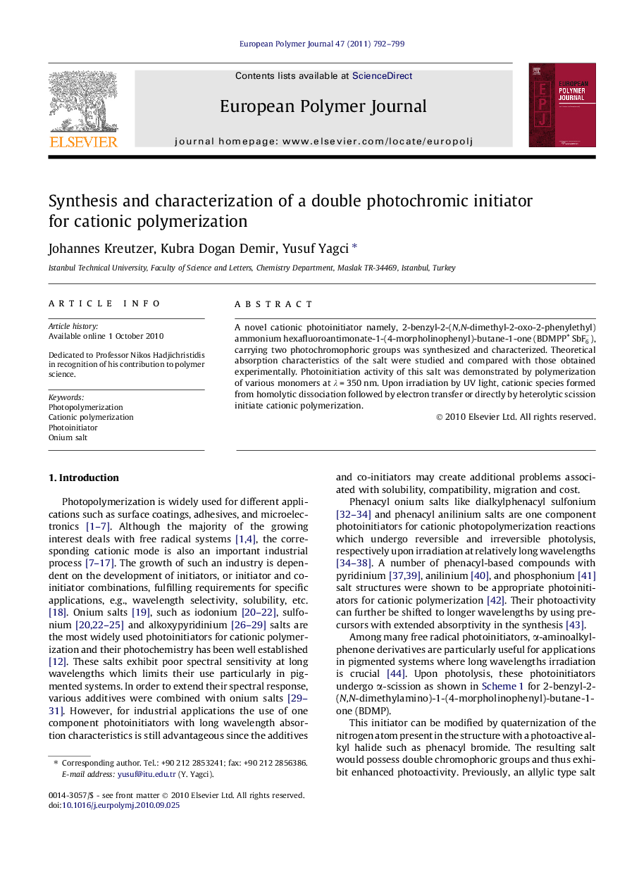 Synthesis and characterization of a double photochromic initiator for cationic polymerization