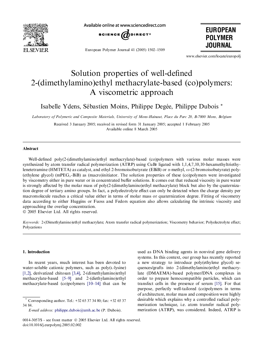 Solution properties of well-defined 2-(dimethylamino)ethyl methacrylate-based (co)polymers: A viscometric approach