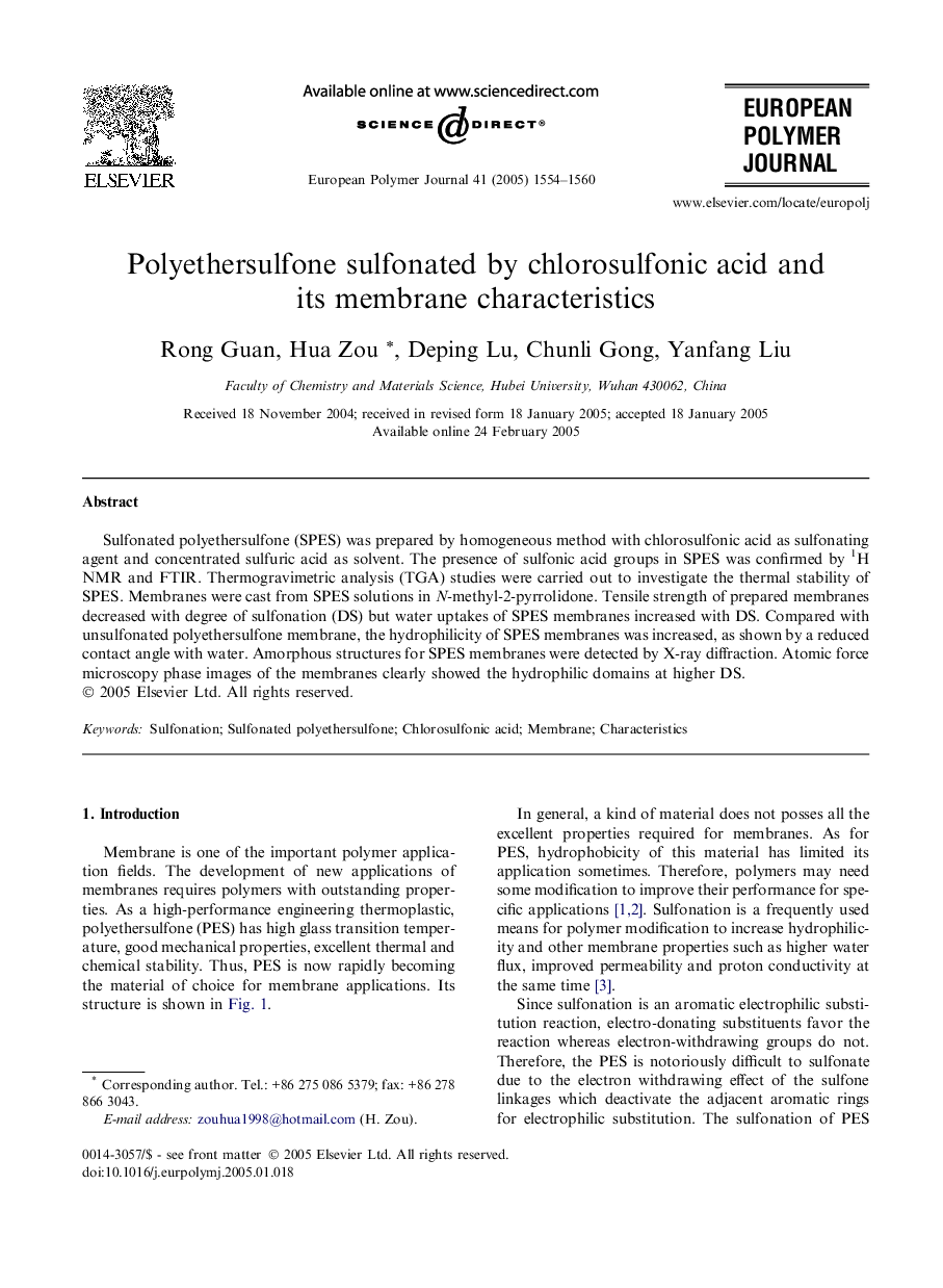 Polyethersulfone sulfonated by chlorosulfonic acid and its membrane characteristics