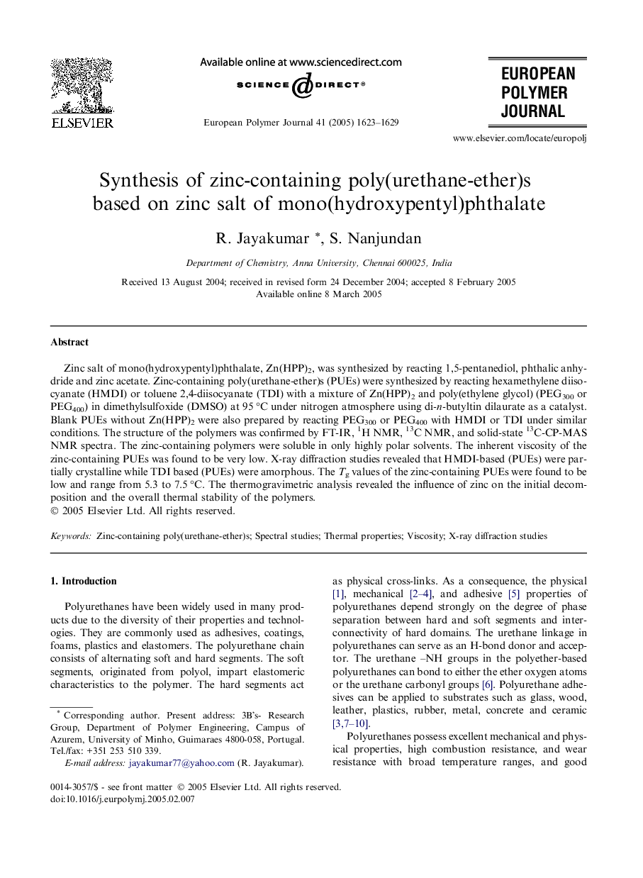 Synthesis of zinc-containing poly(urethane-ether)s based on zinc salt of mono(hydroxypentyl)phthalate