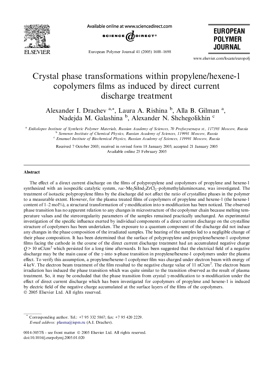 Crystal phase transformations within propylene/hexene-1 copolymers films as induced by direct current discharge treatment