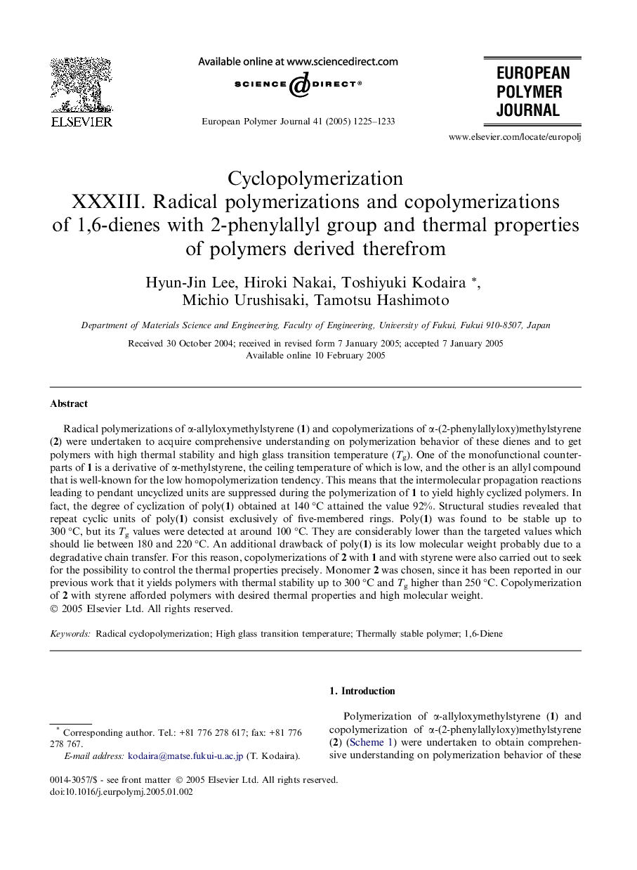 Cyclopolymerization XXXIII. Radical polymerizations and copolymerizations of 1,6-dienes with 2-phenylallyl group and thermal properties of polymers derived therefrom