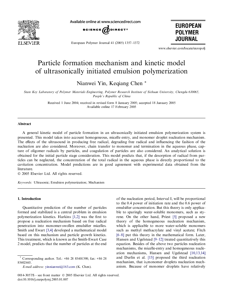 Particle formation mechanism and kinetic model of ultrasonically initiated emulsion polymerization