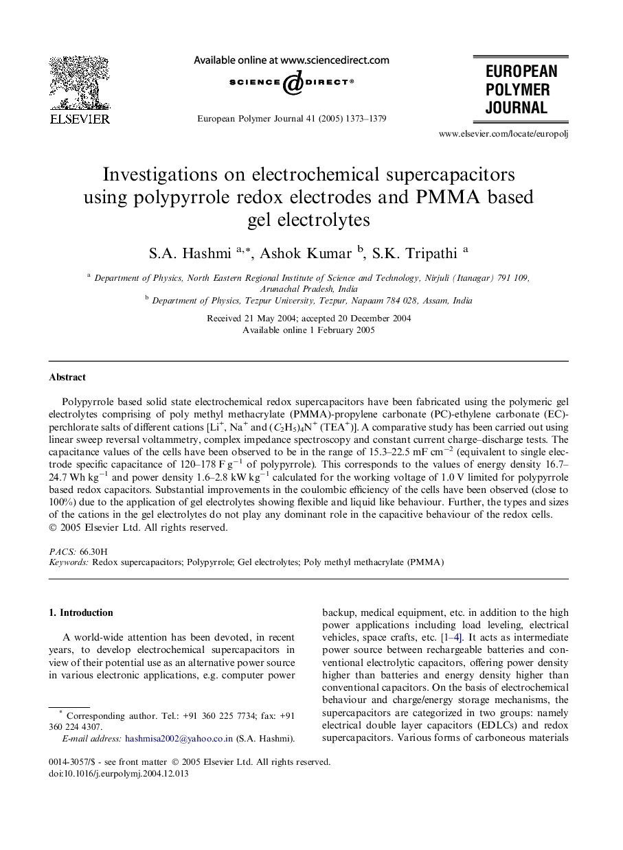 Investigations on electrochemical supercapacitors using polypyrrole redox electrodes and PMMA based gel electrolytes