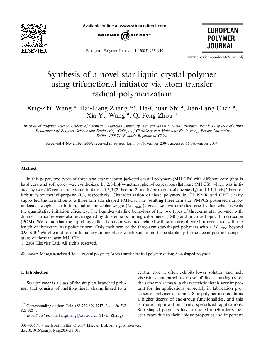 Synthesis of a novel star liquid crystal polymer using trifunctional initiator via atom transfer radical polymerization