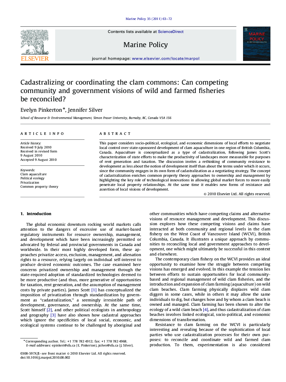 عکس صفحه اول مقاله: Cadastralizing or coordinating the clam commons: Can competing community and government visions of wild and farmed fisheries be reconciled? Cadastralizing or coordinating the clam commons: Can competing community and government visions of wild and farmed fisheries be reconciled?