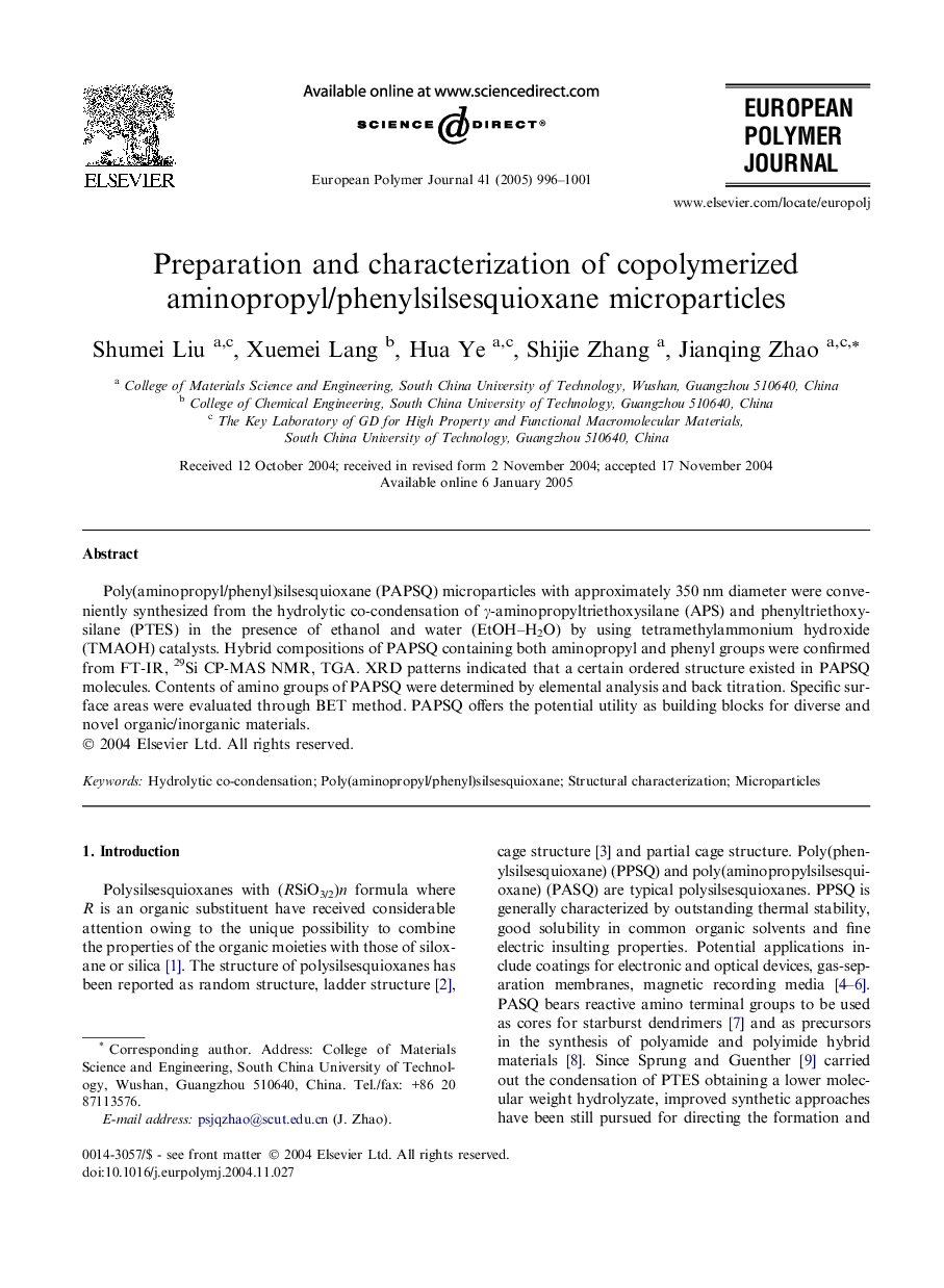 Preparation and characterization of copolymerized aminopropyl/phenylsilsesquioxane microparticles