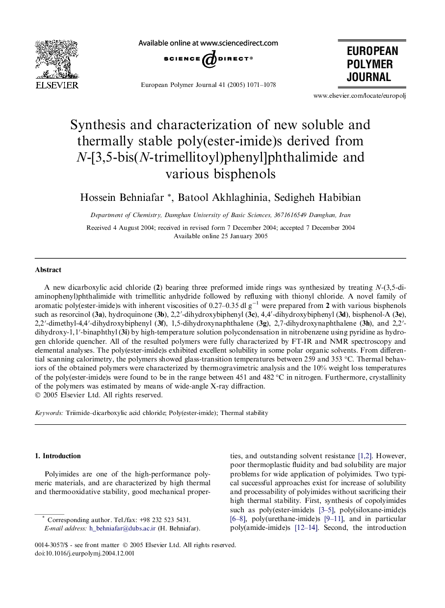 Synthesis and characterization of new soluble and thermally stable poly(ester-imide)s derived from N-[3,5-bis(N-trimellitoyl)phenyl]phthalimide and various bisphenols