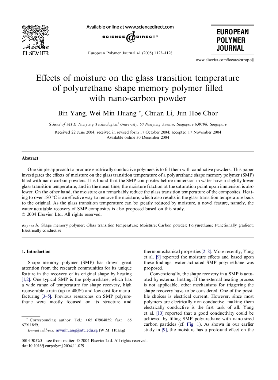 Effects of moisture on the glass transition temperature of polyurethane shape memory polymer filled with nano-carbon powder