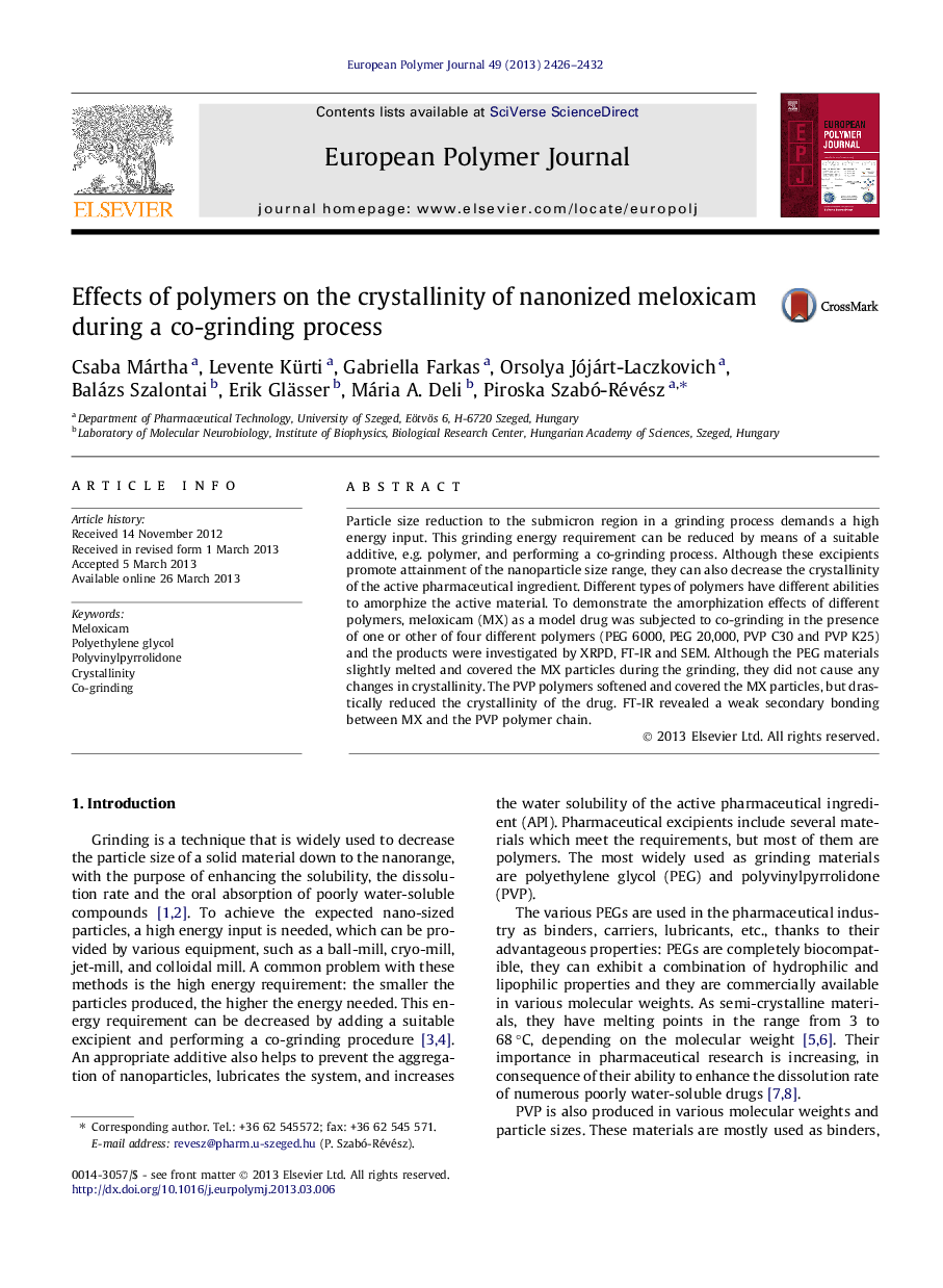 Effects of polymers on the crystallinity of nanonized meloxicam during a co-grinding process