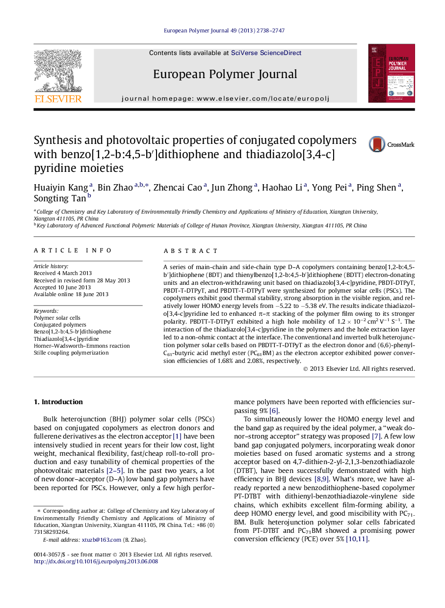 Synthesis and photovoltaic properties of conjugated copolymers with benzo[1,2-b:4,5-bâ²]dithiophene and thiadiazolo[3,4-c]pyridine moieties