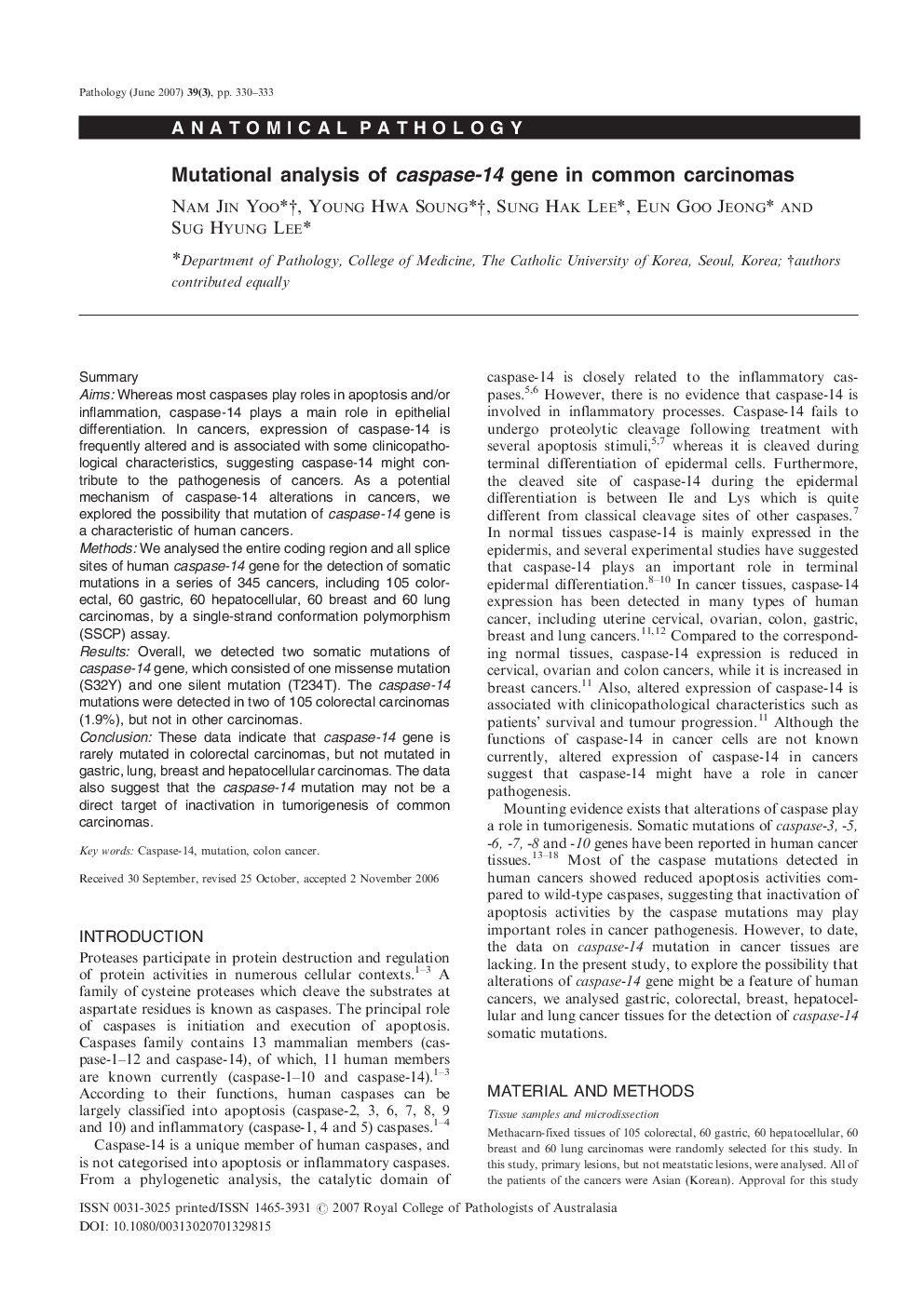 Mutational analysis of caspase-14 gene in common carcinomas