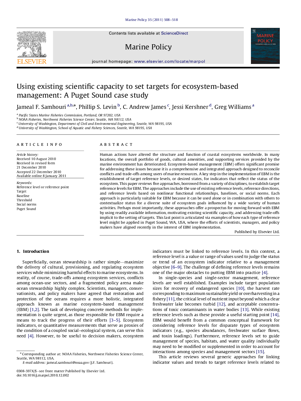 Using existing scientific capacity to set targets for ecosystem-based management: A Puget Sound case study